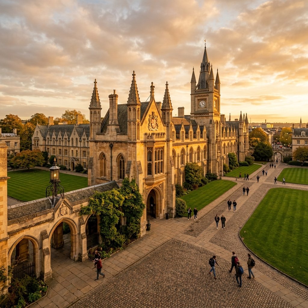 Historic European university campus glowing under golden hour sunlight