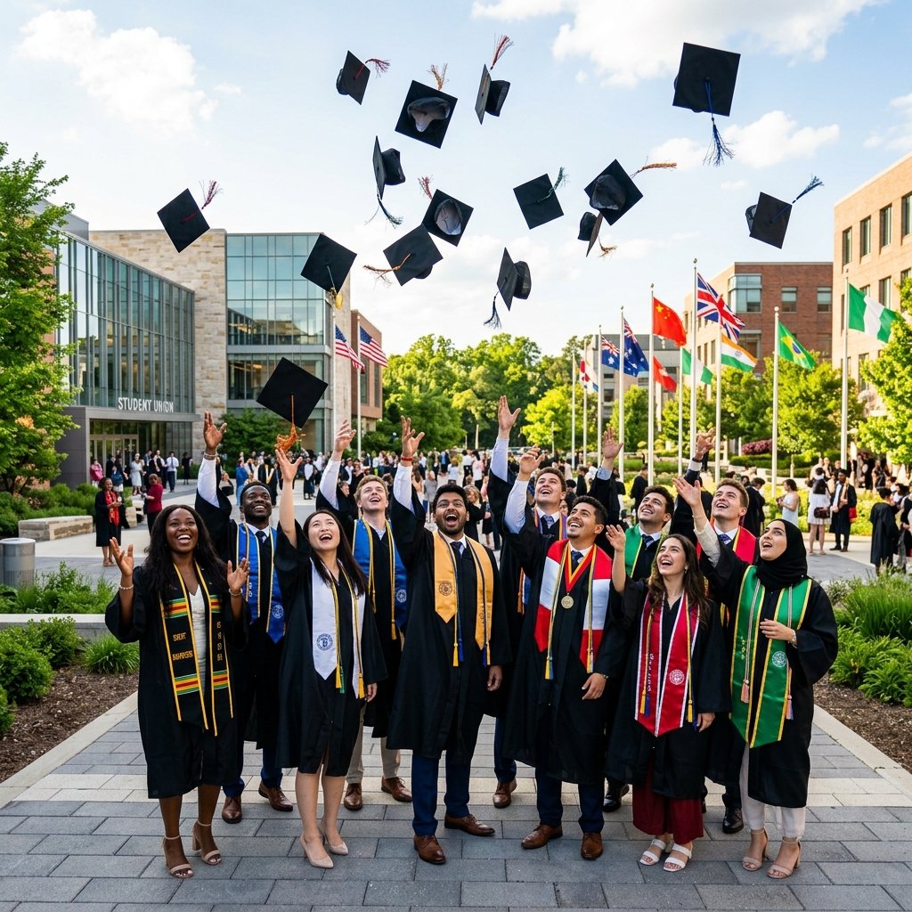 International students joyfully throwing graduation caps into the air