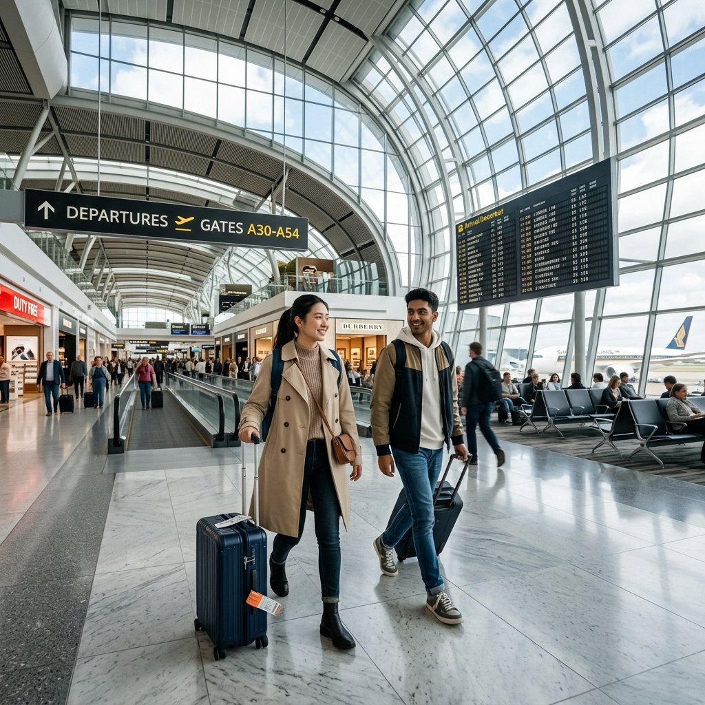 International students walking through a beautiful airport terminal